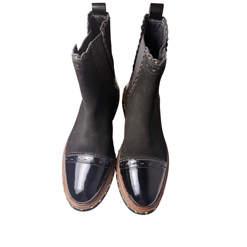 Free People Black Suede Patent Leather Studded Scalloped Chelsea Boots 38.5 - Picture 2 of 6